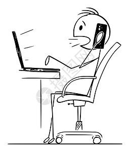 矢量卡通插图绘制在办公室工作的人或商打笔记本电脑和使用移动智能电话的概念图说明在办公室工作的人或商矢量卡通说明以及打计算机和使用图片