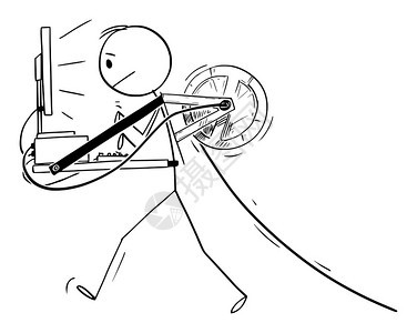 矢量卡通插图描绘了步行者或商人携带随身行的台式计算机作为移动办公室的概念图将电线拉到后面矢量卡通说明人或商随行携带的桌面计算机作图片