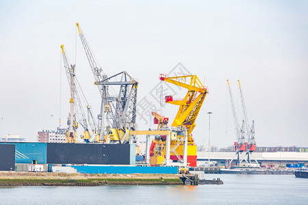 在荷兰鹿特丹港等待国际海运货的码头港口装货物堆船图片