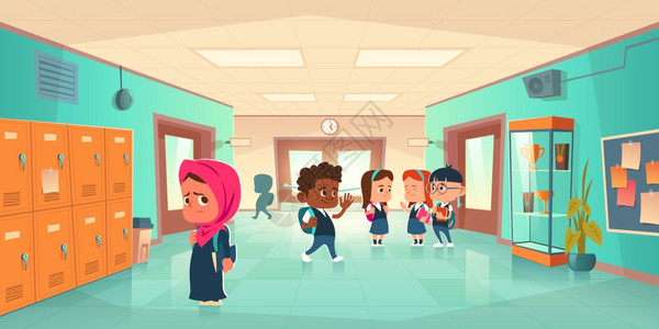 杠缸学校走廊中的悲伤女孩和背着她的青少年以不同国籍的儿童为对象