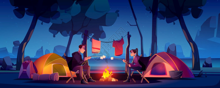 夜间夫妇在有帐篷和营火的夏宿地矢量插画图片
