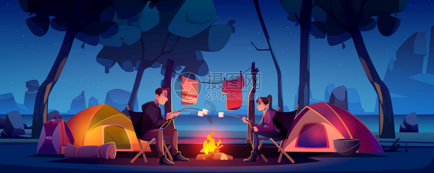 夜间夫妇在有帐篷和营火的夏宿地矢量插画图片