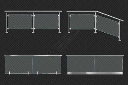 玻璃巴勒斯贸易与铁质板正面和角度视图矢量现实模拟不同部分的清晰丙烯围栏金属护与透明背景隔绝玻璃巴勒斯贸易与铁质板背景图片