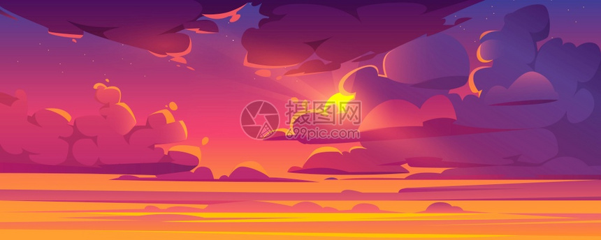 硅的云层有闪亮太阳和星夜景或晨光卡通矢量图日落的天空有阳光云朵芒