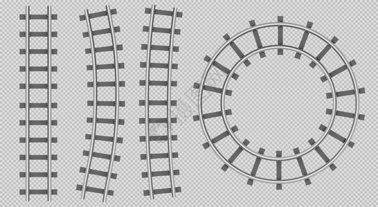 火车铁轨顶部视图路直轨曲线和圆路地铁钢沉睡器在透明背景下隔离的物流运输建设图片