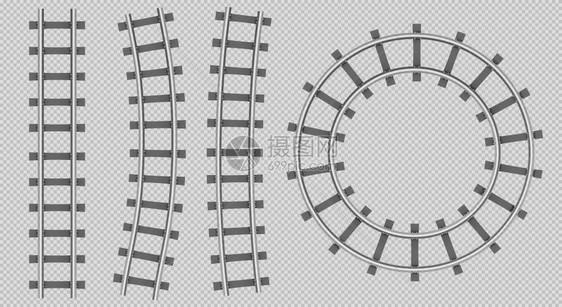 火车铁轨顶部视图路直轨曲线和圆路地铁钢沉睡器在透明背景下隔离的物流运输建设图片