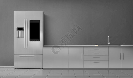 厨房内有智能冰箱排在桌面前视图上空房有家用电器冰箱和办公桌在灰墙和砖地板上现代设计实的3D矢量模型背景图片