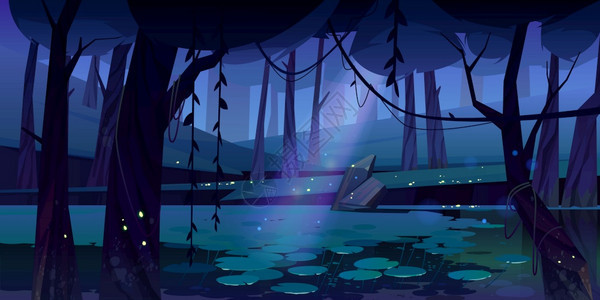夜间森林中有萤火虫的沼泽地矢量景观插画图片