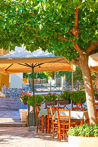 希腊雅典Plaka区布满树荫的街头咖啡店图片