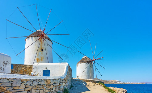 在希腊Cyclades的Mykonos岛希腊海边的白色风绒希腊农村景观为您自己的文字留出空间图片