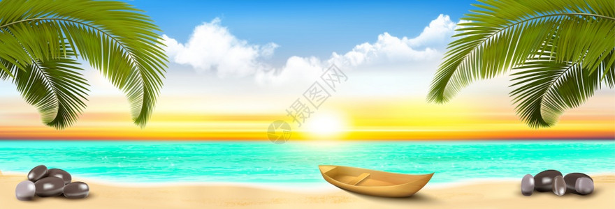 热带海滩棕榈树日落背景插画图片