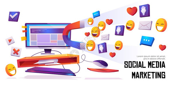 社交媒体营销横幅Smm战略运动吸引观众的磁吸引来自计算机桌面屏幕的像反馈和追随者影响内容卡通矢量插图社交媒体营销横幅吸引喜欢的磁图片