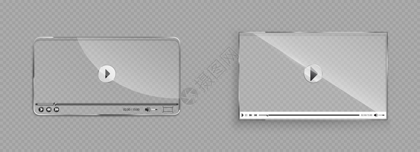 Glass视频播放器界面透明的播放窗口倒带停止暂和音量按钮屏幕模型用于网络设计音频多媒体应用面板现实的3d矢量插图视频播放器界面图片