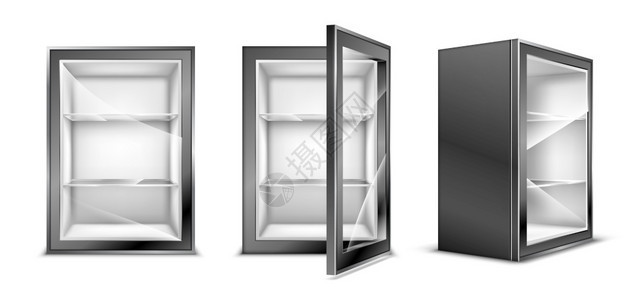 装有透明玻璃门的饮料小型冰箱空灰色用于在超市或厨房新鲜食品饮料图片