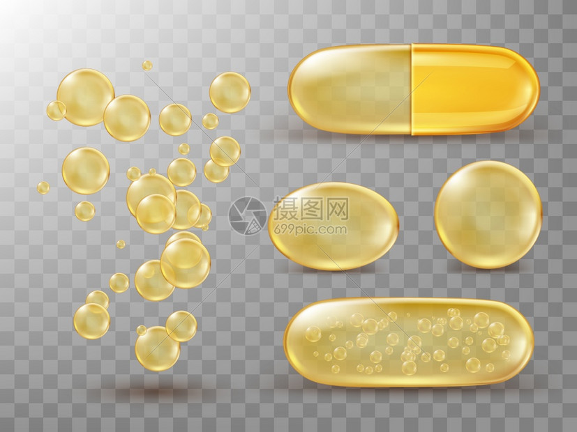 含油金圆和蛋白质药丸填充物泡沫的胶囊在透明背景下被隔绝化妆品维他命蛋白3抗生素凝胶血清滴子凝胶精质现实的三维矢量组含油金圆和蛋白图片