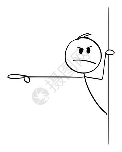 愤怒的粗鲁男子或商人从墙后偷看出来并展示或指向某事的概念插图插画