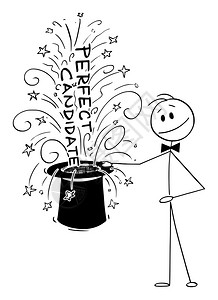 维克托卡通插图绘制商人力资源经理或黑顶帽子魔术师与来自帽子的完美候选人一起施魔法的黑帽子商人力资源经理或魔术师的概念插图图片