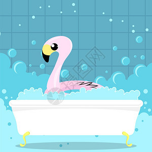 浴室背景中的可充气粉Flammingo玩具儿童游泳池环橡胶热带鸟类形状橡胶热带鸟类形状图片