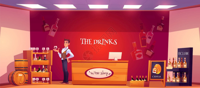 店内酒瓶饮料与放在木架柜台和广告牌上图片