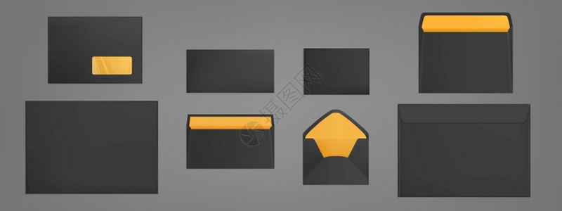 黑信封模板设置空白封闭式和开放手工艺纸覆盖各种大小字母包里面有黄色模拟商业文件和信的夹现实3d矢量模型空白纸覆盖图片