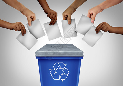 被浪费的投票和欺诈概念,如在投票站下不同手的选票,这个投站被塑造成回收垃圾箱,是操纵选举用3D插图将选票扔在垃圾堆中。图片