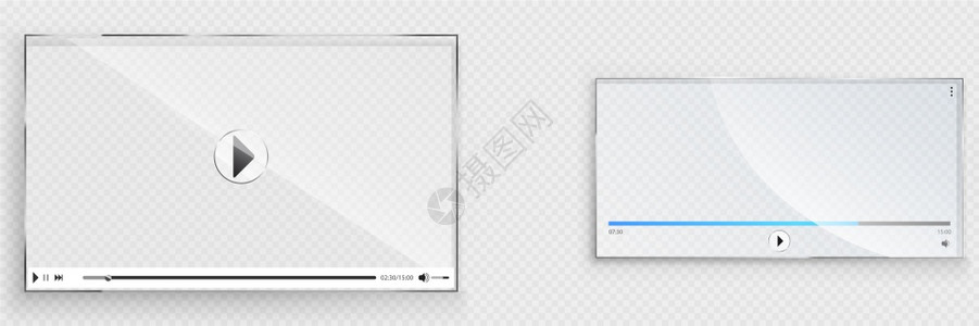 Glass视频播放器界面透明的播放窗口倒带停止暂和音量按钮屏幕模型用于网络设计音频多媒体应用面板现实的3d矢量插图视频播放器界面图片