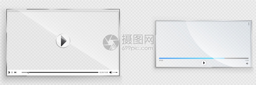 Glass视频播放器界面透明的播放窗口倒带停止暂和音量按钮屏幕模型用于网络设计音频多媒体应用面板现实的3d矢量插图视频播放器界面图片