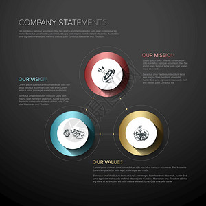 矢量任务视觉和数值图表以暗底背景的金属口音绘制图案公司概况说明任务视觉价值图片