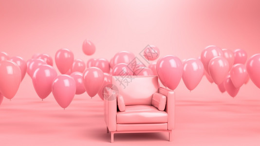 3d粉红工作室的色沙发或扶手椅配有飞气球幸福节日和在家庆祝的概念幸福节日和在家庆祝的概念图片
