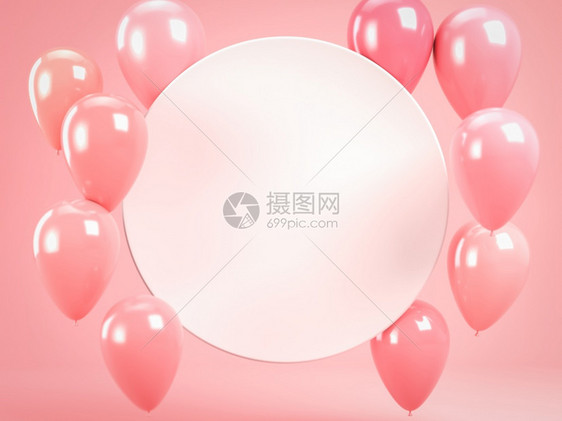 白圆板或框上面有粉色糊板上的气球完美的背景或用于庆祝聚会问候和邀请的模型3d插图请将您的文本放在复制空间白圆板或框上面有粉色的圆图片