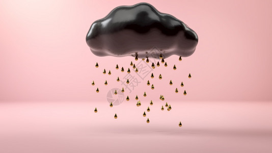 粉红色背景的黑云下金色雨抽象图3d插图背景或化妆品时装模型转换图片
