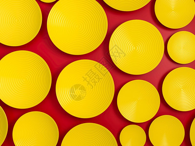 红色背景的黄圆盘或板块的抽象场景Polka点图案3d插图图片
