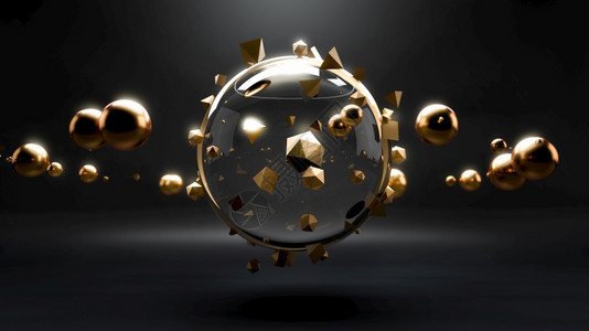 金球和形体在黑房间的玻璃球或中飞动的抽象场景高科技或SCIfi广告图像3d插图金球和形体在黑房间的玻璃球或中飞动的抽象场景高科技背景图片