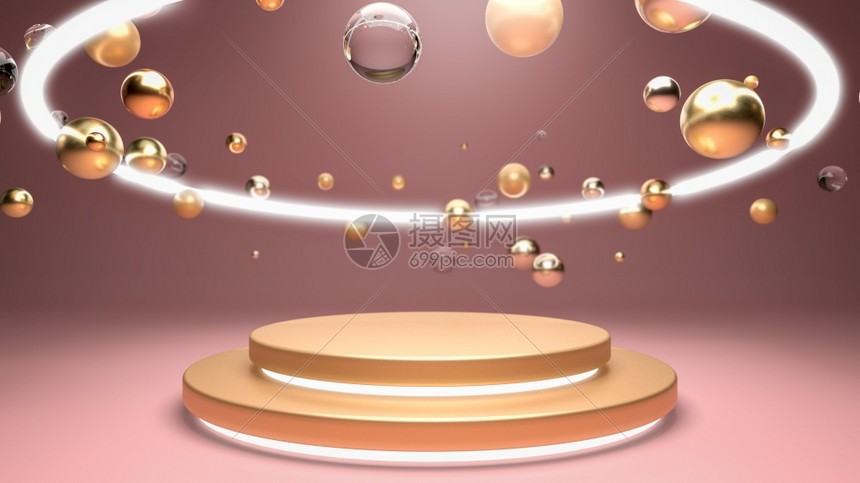 带有金色讲台球或舞的抽象场景粉红色工作室带有飞金色球和光环3D转换用于放置文字或设计的完美图像用于化妆品食饮料娱乐和时装带有金色图片