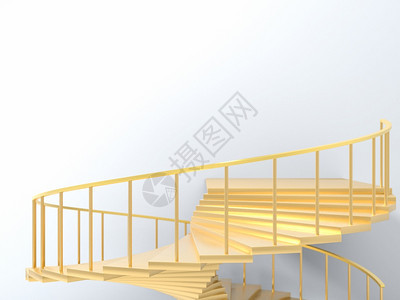 黄金螺旋楼梯在空房间里用扶手与白色的墙对着概念或成功机会和就3d插图金螺旋楼梯用扶手与白色的墙对着空房间里概念或成功机遇和就3d图片
