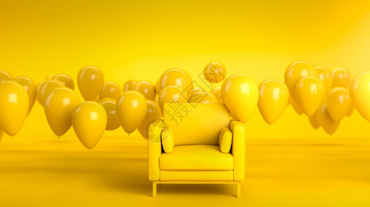 3d说明黄色工作室的粉沙发或扶椅配有飞气球幸福节假日和在家庆祝的概念3d粉色沙发或扶椅在黄色工作室的转化配有飞气球幸福节假日和在图片