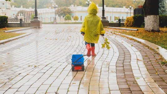 在公园的雨天小男孩带着玩具垃圾车在公园行走图片