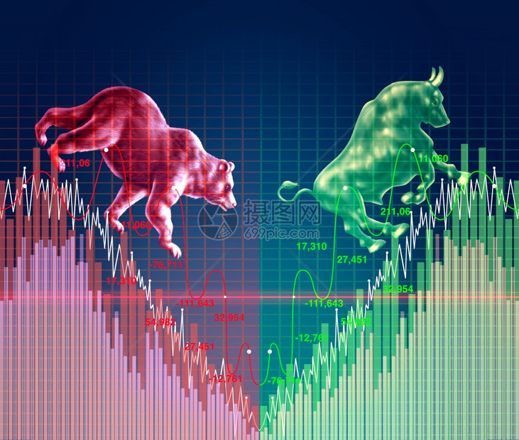 V塑造了经济与复苏图并重新开放了市场作为用公牛和熊以3D插图形式复苏的金融交易商业反弹概念图片