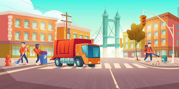 清洁车在公路上行驶城市卫生服务图示图片