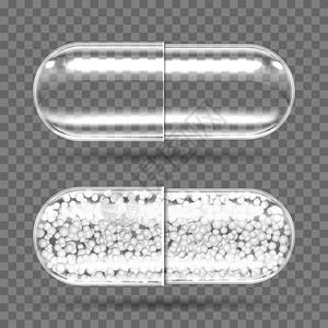 空的和有颗粒填充剂的透明胶囊抗生素维他命氨基酸矿物生活添加剂现实的三维病媒运动营养药品空的和有颗粒透明胶囊图片