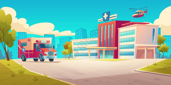 医院建筑救护车和直升机的城市景观图片