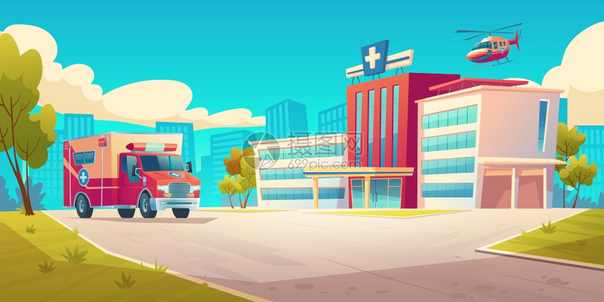 医院建筑救护车和直升机的城市景观图片