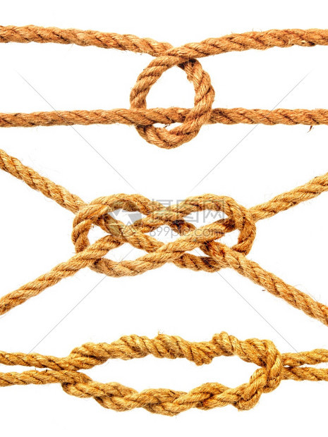 一小套经典的海结从粗糙自然绳子上绑起孤立在白色背景上图片