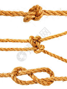 一小套经典的海结从粗糙自然绳子上绑起孤立在白色背景上图片
