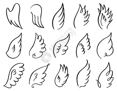 黑色鸽子手画翅膀面条草图天使飞行羽毛或鸟类优雅翅膀天使成形矢量