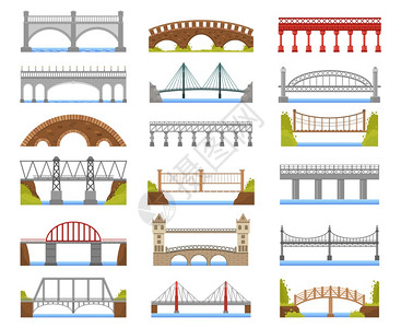 新中式大门城市河流桥梁拱电缆停留梁和悬架桥孤立矢量插图桥梁拱门