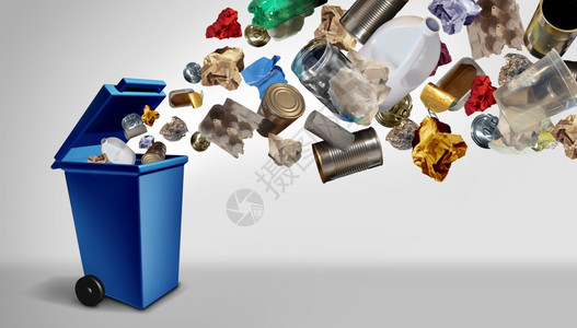 回收废物和垃圾作为可重复使用的物品管理作为回收废物和垃圾作为具有3D插图要素的环境保护概念作为旧纸玻璃金属和塑料扔在蓝色垃圾箱中图片