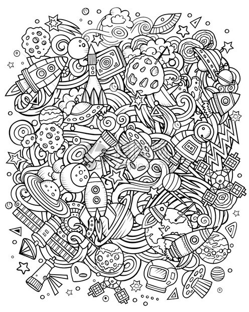 卡通矢量doodles空间图解线条艺术详细有许多对象背景所有对象分开Sketchy宇宙有趣的图片空间草滑稽解图片
