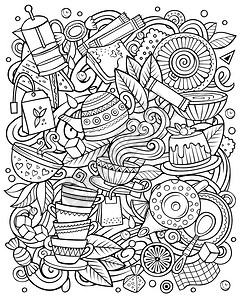 卡通矢量doodlesTea插图Sketchy详细有许多对象背景所有对象都分开线条艺术咖啡厅有趣的图片矢量面条图示咖啡厅有趣的图图片
