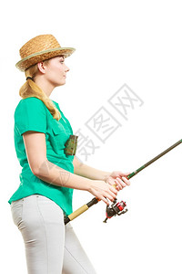 养鱼旋转设备滚动运和活概念养鱼杆等待打猎的无聊妇女养鱼杆旋转设备的妇女图片